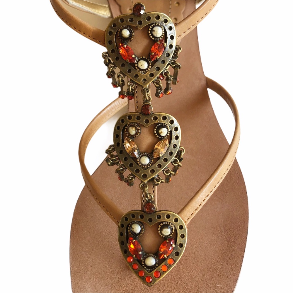 NEW Baldan Italian Tan Leather Heart Rhinestone Embellished Flat Sandals 38.5 - Picture 2 of 10